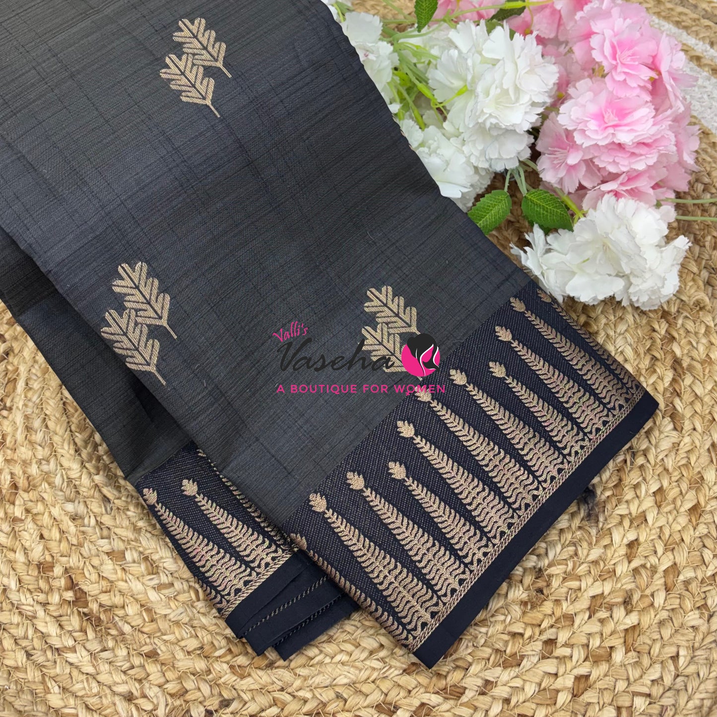 Semi Tussar Silk Saree | Black  Shade |VVSTS050