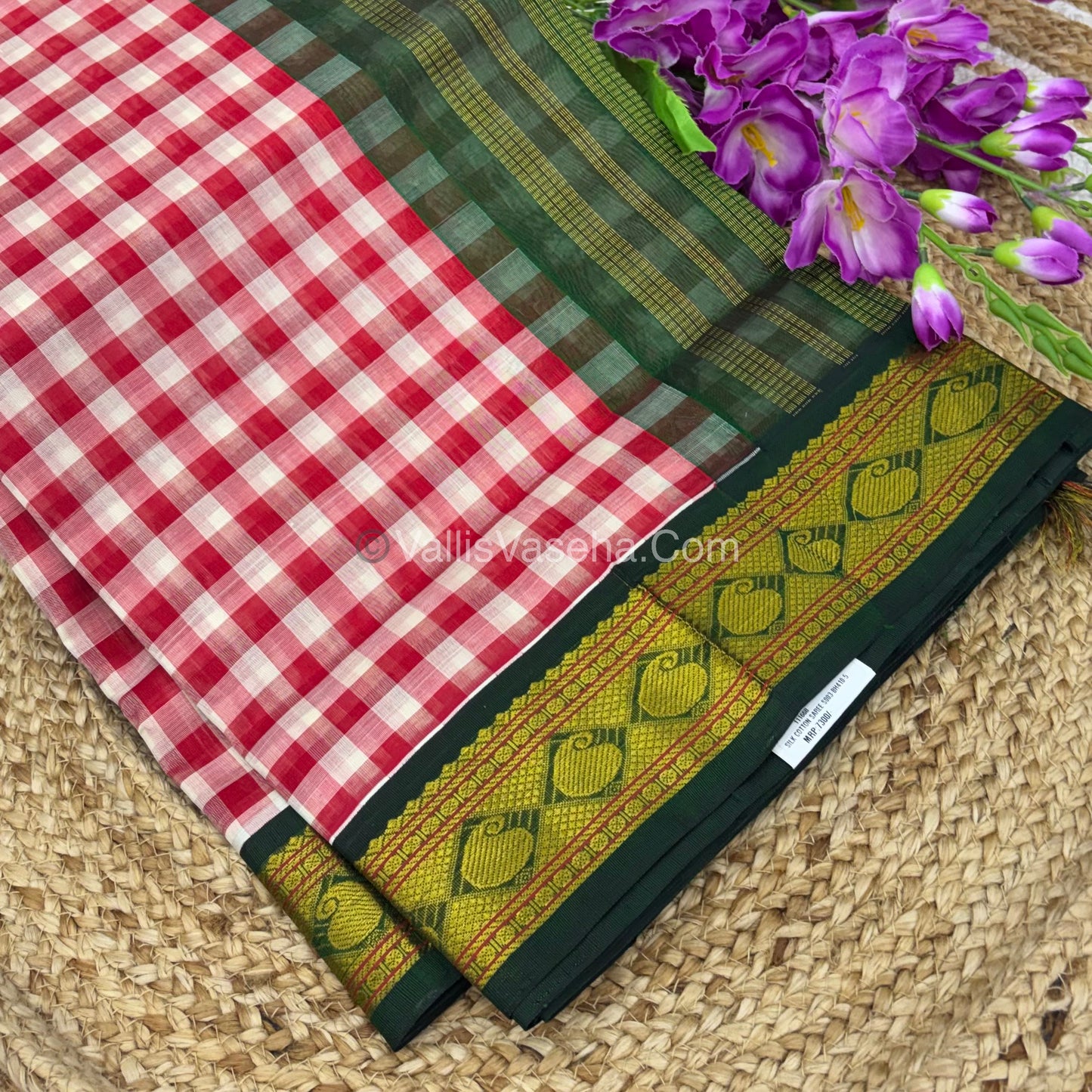Pure Korvai Silk Cotton With Retta Petta Border - White & Red kattam pattern with Green   - VVKSC003