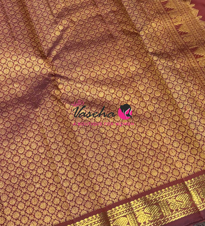 Pure Kanchipuram Silk Saree - Rust Orange & Wine Brown - VVPS086