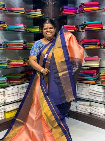 Pure Korvai Silk Cotton Saree - Peach with Blue Combo - Temple border - VVKSC001