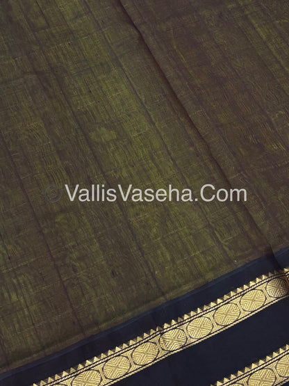 Pure Korvai Silk Cotton With Retta Petta Border - Checks pattern - Lemon Green & Coffee Brown - VVKSC013