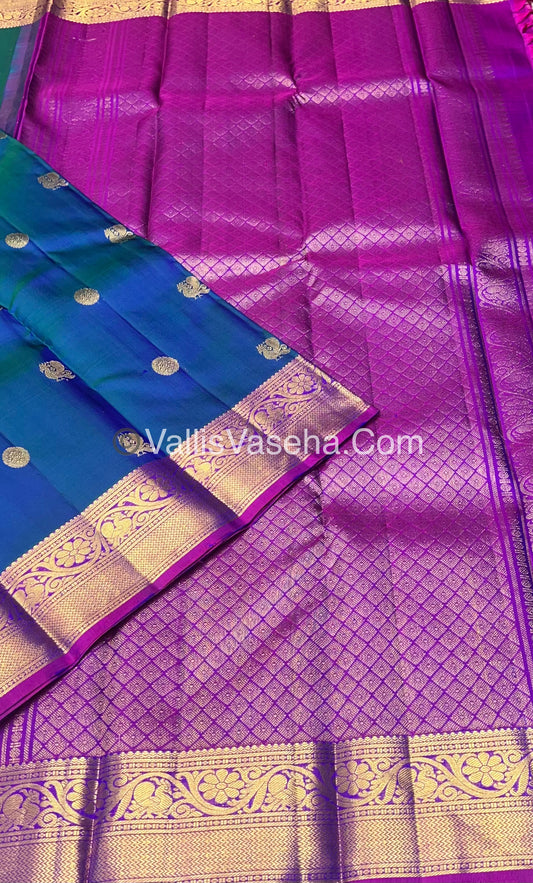 Pure Kanchipuram Silk Saree - Peacock Blue with Purplish Pink Combo - VVPS021