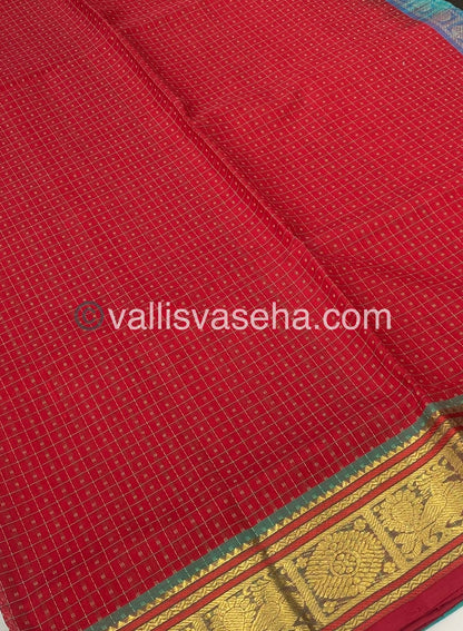 Pure Silk Cotton Saree - Red with Turquoise Blue - Lakshadeepam Design - VVPLD001