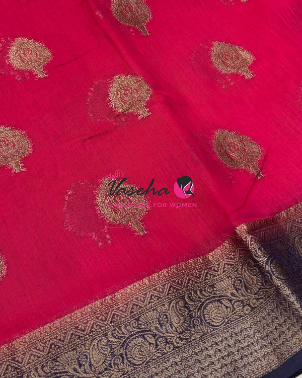 Bamboo Silk Saree - Pink With Blue  - VVBSS019