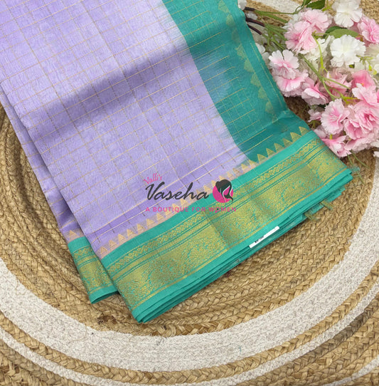 Pure Korvai Silk Cotton - Retta Petta Border - Lavendar With Teal Green Combo - VVKSC010