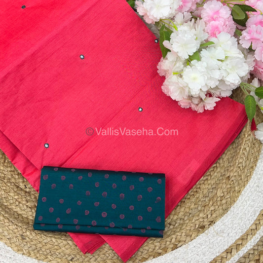 South Mixed Cotton - Mirror Work Embroidery - Peachish Pink  With Greyish Blue - VVPCM002