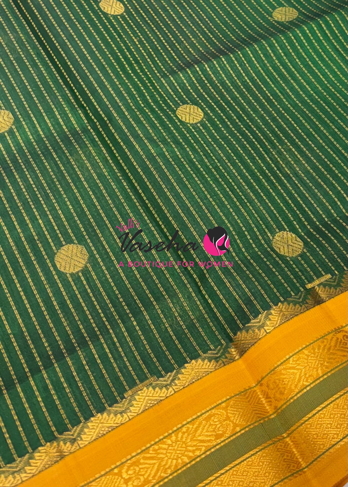 Pure Korvai Silk Cotton - Vairavoosi Lines - Green With Yellow Shade  - VVKSC039