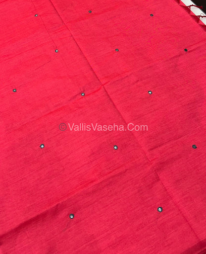 Poly Silk Mixed Cotton - Mirror Work Embroidery - Peachish Pink  With Greyish Blue - VVPCM001