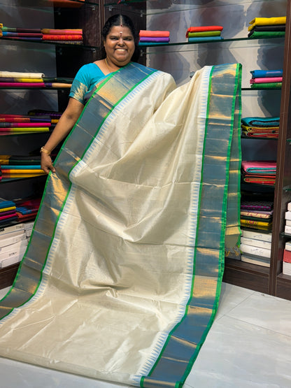 Pure Korvai Silk Cotton Saree - Half white with Turquoise Greenish Blue Combo - Temple border - VVKSC001