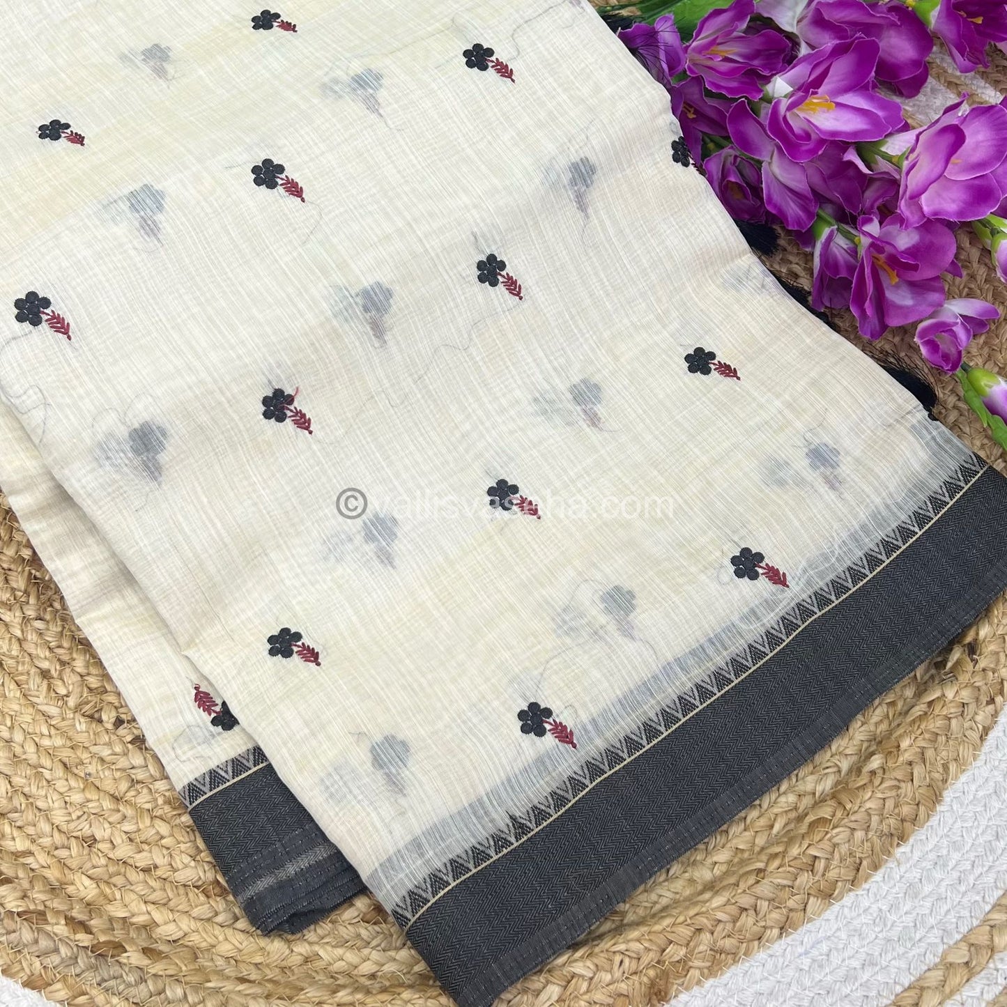 Semi Tussar Embroidery - Cream with Greyish Black Combo - VVSTE001