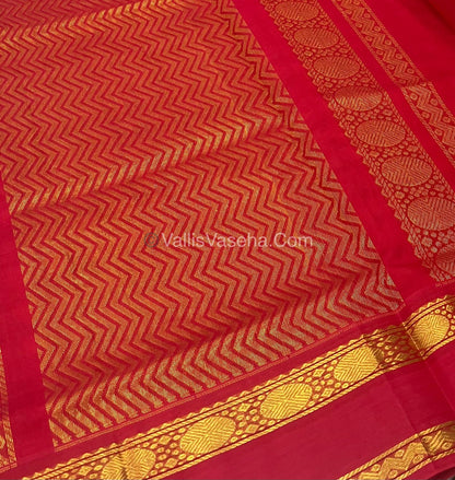 Pure Korvai Silk Cotton With Retta Petta Border - White & Bluish Green kattam pattern with Red  - VVKSC003