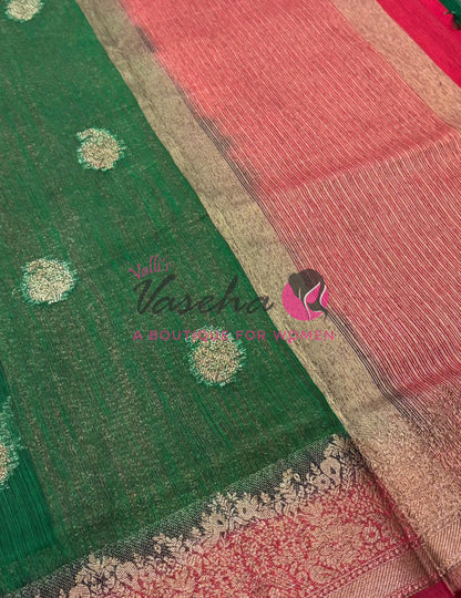 Bamboo Silk Saree- Green with Pink Shade - VVBSS014