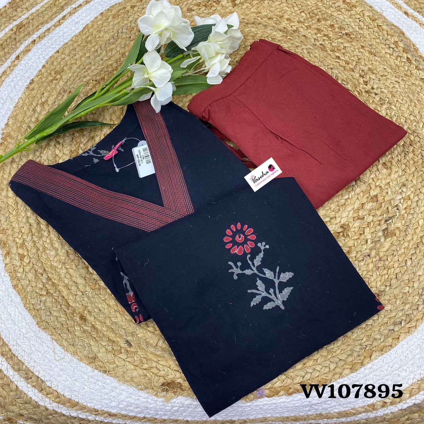 Salwar & Kameez(2pc) Set - Ajrakh Print Black & Merun Combo - VV107895 - VVRCS004