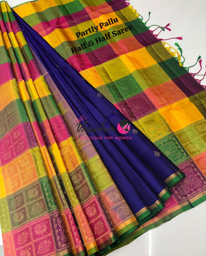 Pure Soft Silk Saree - Partly Pallu -  Half & Half Saree - Blue - VVPSS088