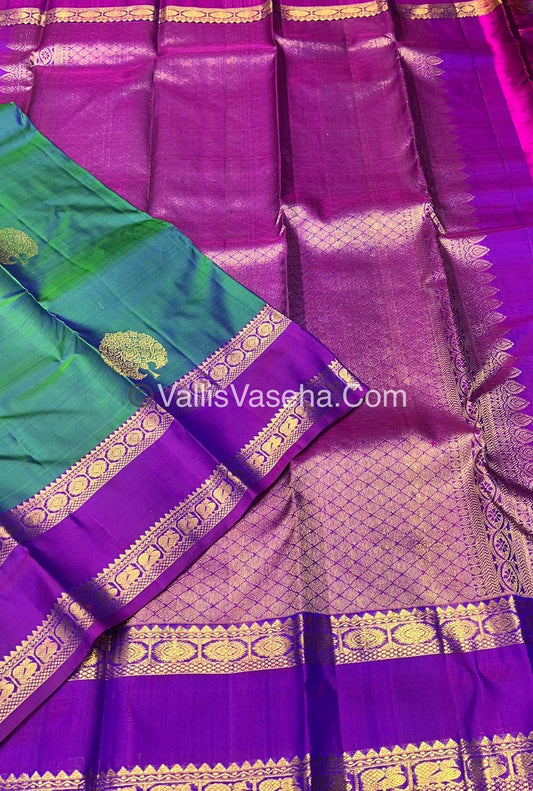 Pure Kanchipuram Silk Saree - Double Tone Peacock Blue with Purplish Pink Shade - VVPS014
