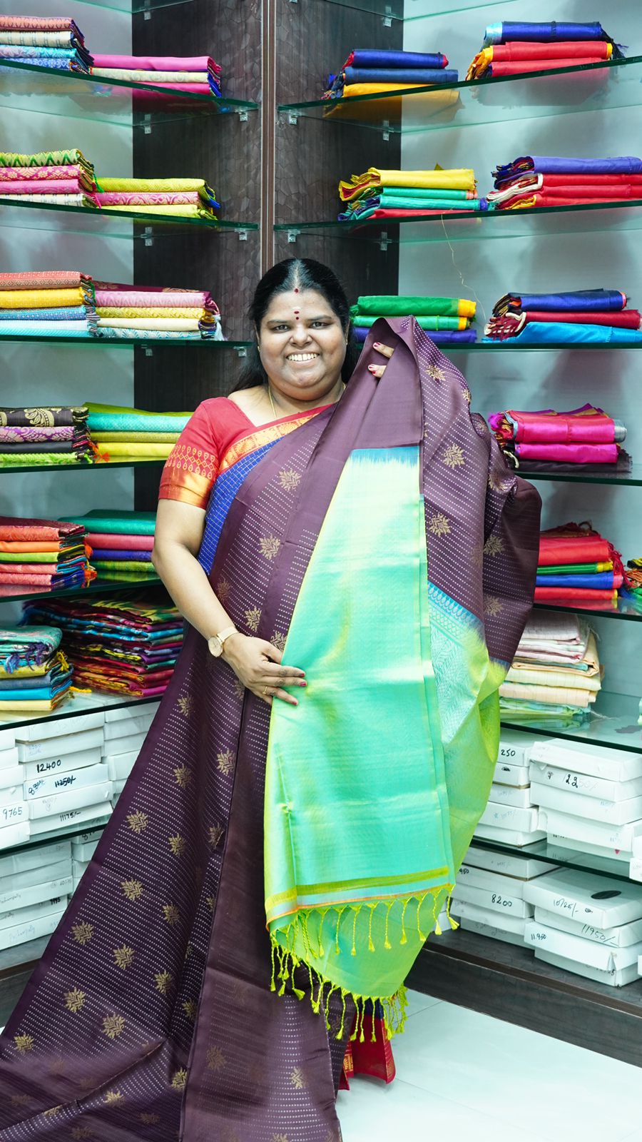 Pure Soft Silk Saree - Vaira Voosi design - Brown With Teal Green ( Lemon Mixed) Combo - VVPSS016