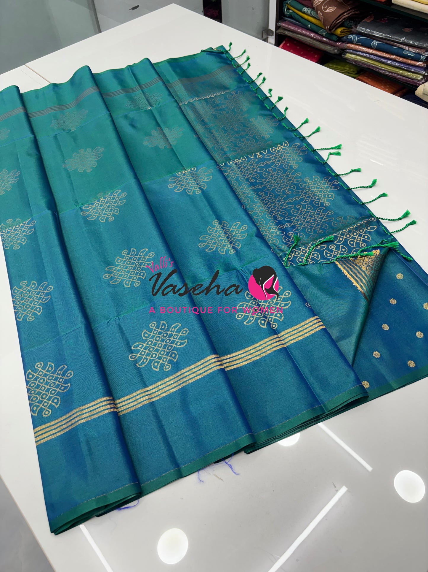 Semi Soft Silk - Kolam Design - Peacock Bluish Green Shade -VVSSS029
