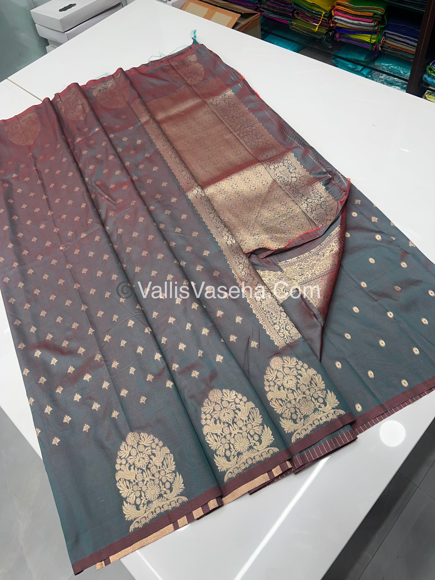 Semi Soft Silk - Tree With Double Birds Butta Border - Greenish Grey  Shade -VVSSS011