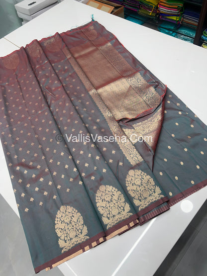 Semi Soft Silk - Tree With Double Birds Butta Border - Greenish Grey  Shade -VVSSS011