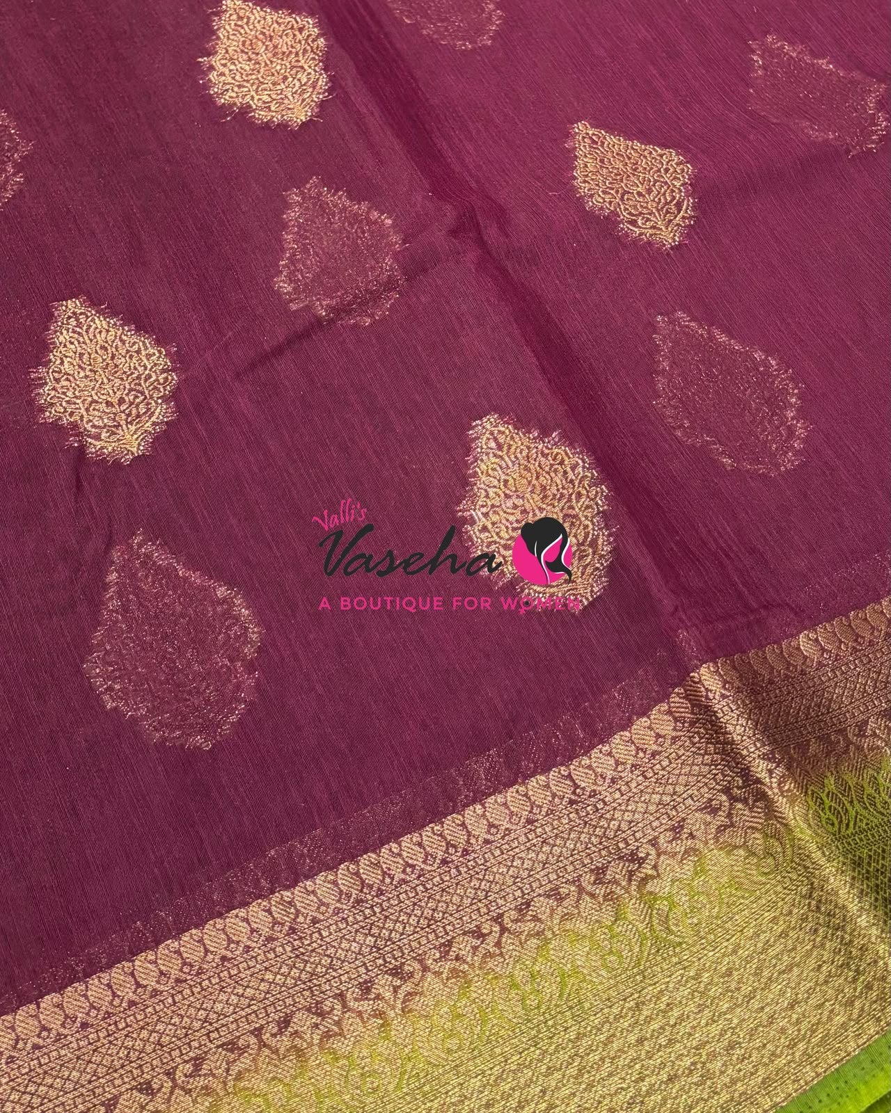 Bamboo Silk Saree - Wine with Green - VVBSS018