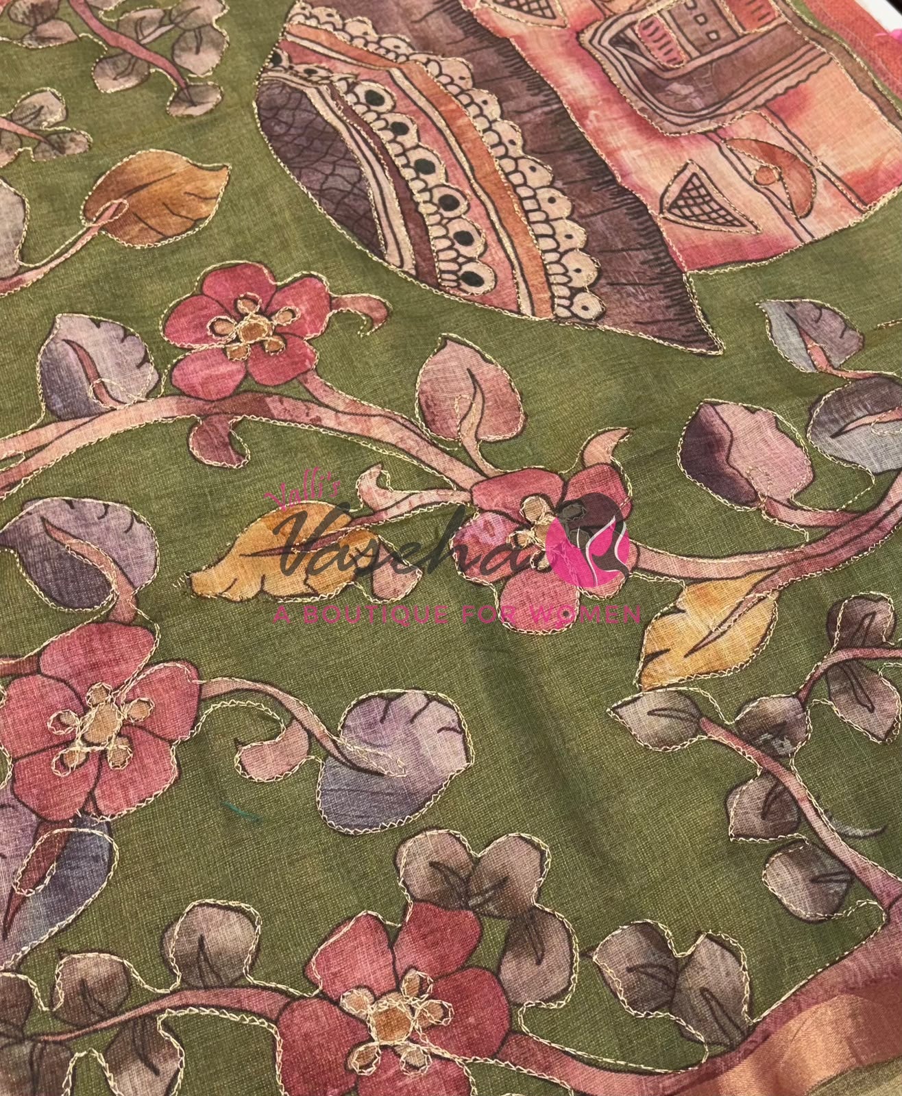 Linen Tissue Saree - Mirror Work Embroidery - Pink With Green Shade - VVLTS001