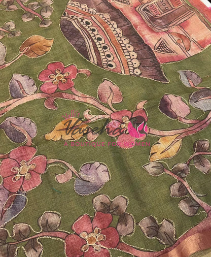 Linen Tissue Saree - Mirror Work Embroidery - Pink With Green Shade - VVLTS001