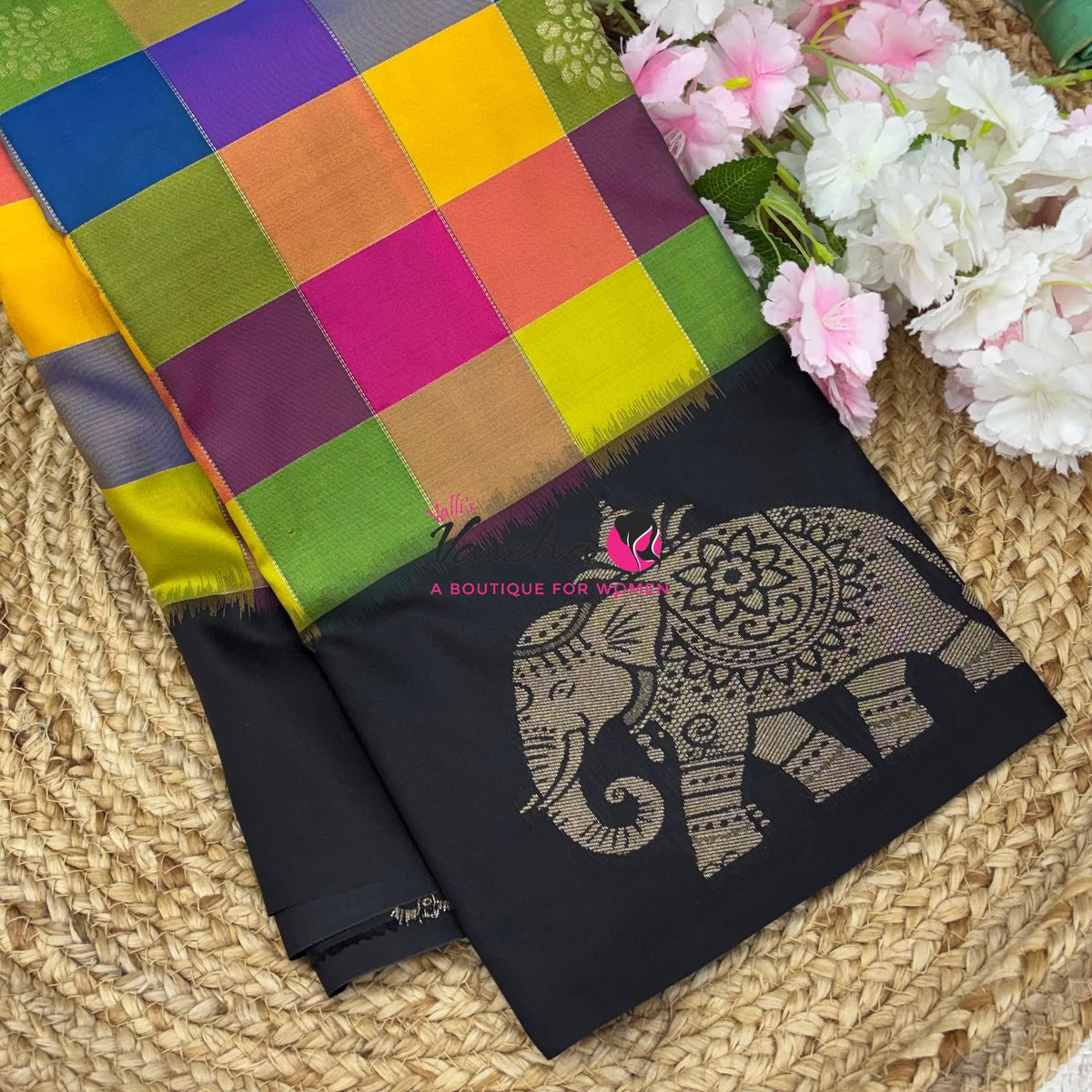 Semi Soft Silk  - Madras Checks Pattern -  Black Shade  - VVSSS042