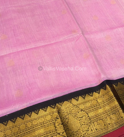 Pure Korvai Silk Cotton Saree - Pink with Black - VVKSC019