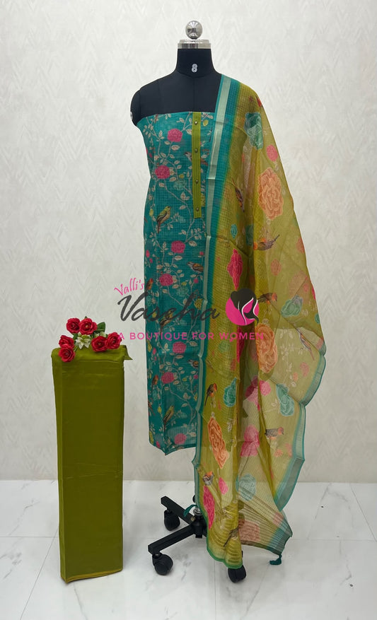Unstitched Kota Digital Printed Material | Green With Mehandhi Green Shade | VVUSM060