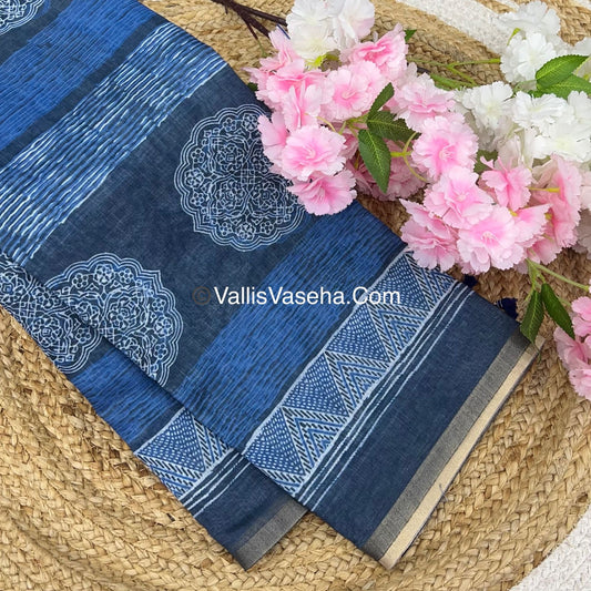 Linen Mixed Cotton Saree - Indigo Blue - Printed - VVLMP001