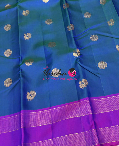Pure Kanchipuram Silk Saree - Peacock Blue With Purple Combo - VVPS022