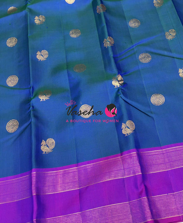 Pure Kanchipuram Silk Saree - Peacock Blue With Purple Combo - VVPS022