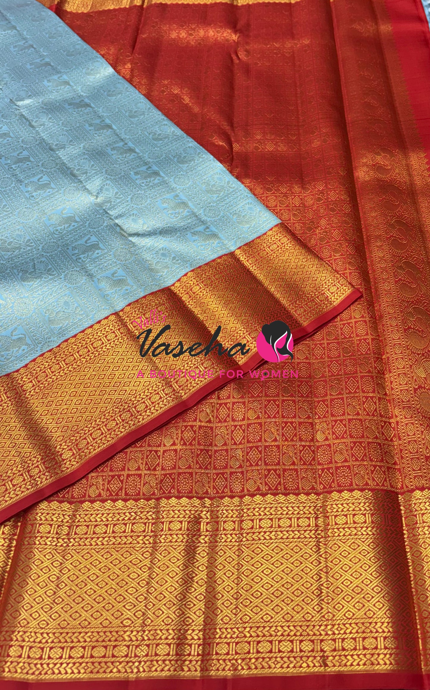 Pure Bridal Korvai Kanchipuram Silk Saree - Light Pastel Blue & Orange Combo - VVPS052