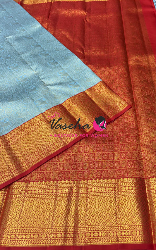 Pure Bridal Korvai Kanchipuram Silk Saree - Light Pastel Blue & Orange Combo - VVPS052