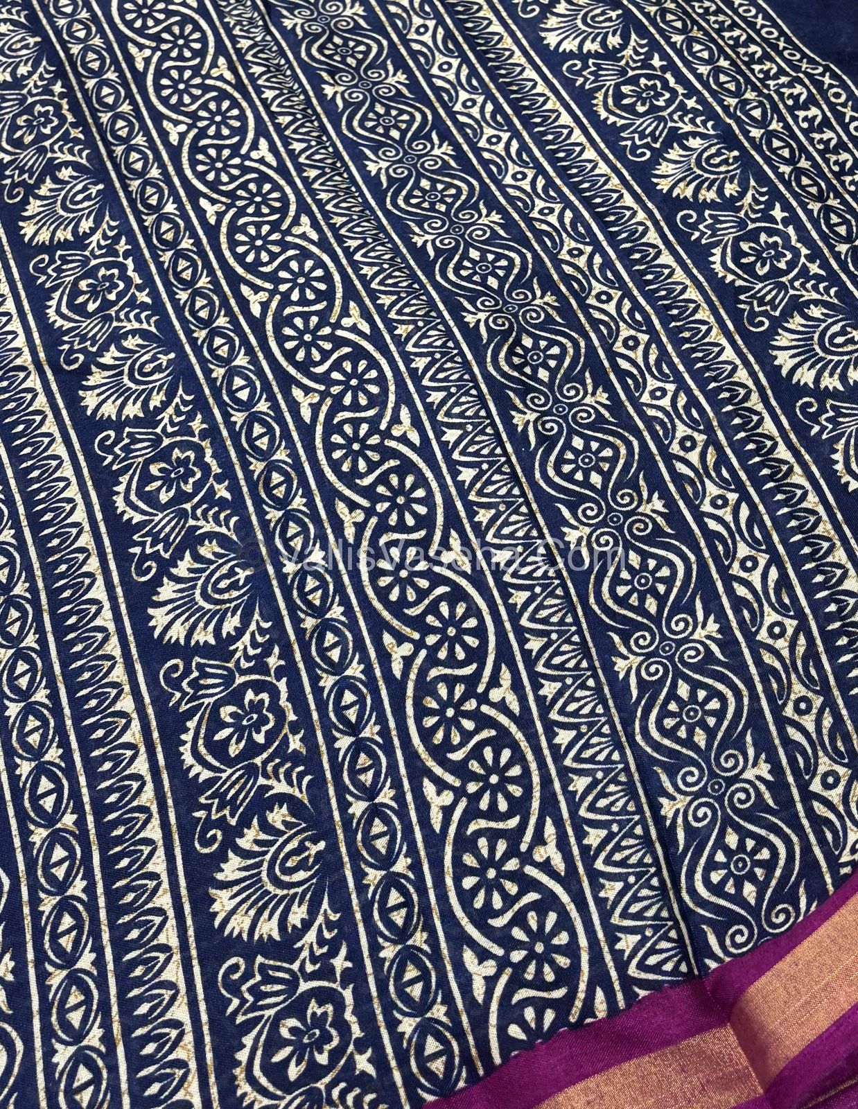 Semi Maheshwari Mixed Cotton Saree - Linen Feel - Indigo Blue & Pink - VVMSC003