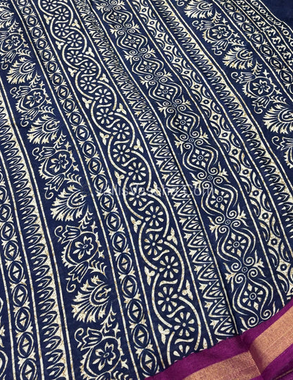 Semi Maheshwari Mixed Cotton Saree - Linen Feel - Indigo Blue & Pink - VVMSC003