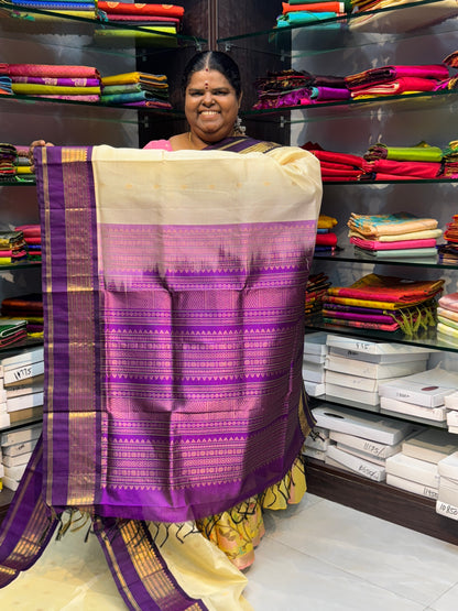 Pure Korvai Silk Cotton Saree -Half white with Purple - Retta Petta border - VVKSC004