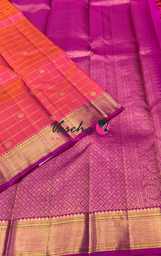 Pure Kanchipuram Silk Saree - Dual Tone Peachish Pink  & Pink  Combo - VVPS040