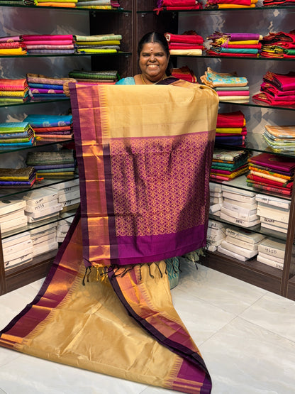 Pure Korvai Silk Cotton Saree - Cream mixed Chikku with Dark Purplish Wine Combo - Temple border - VVKSC001