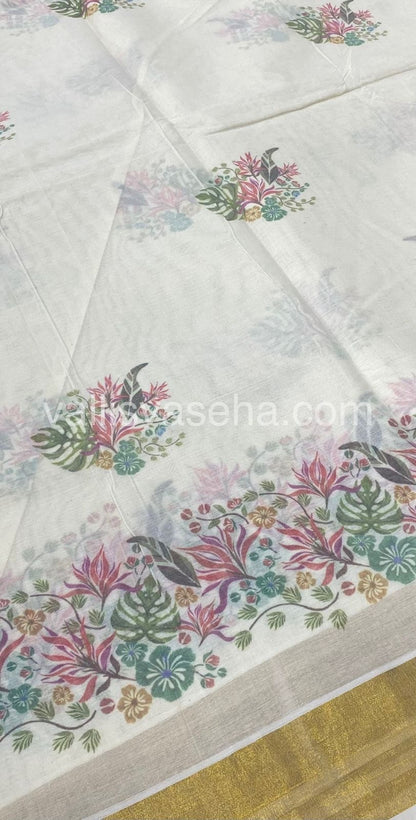 Kerala Cotton Saree - Cream With Golden Border - VVKCS001