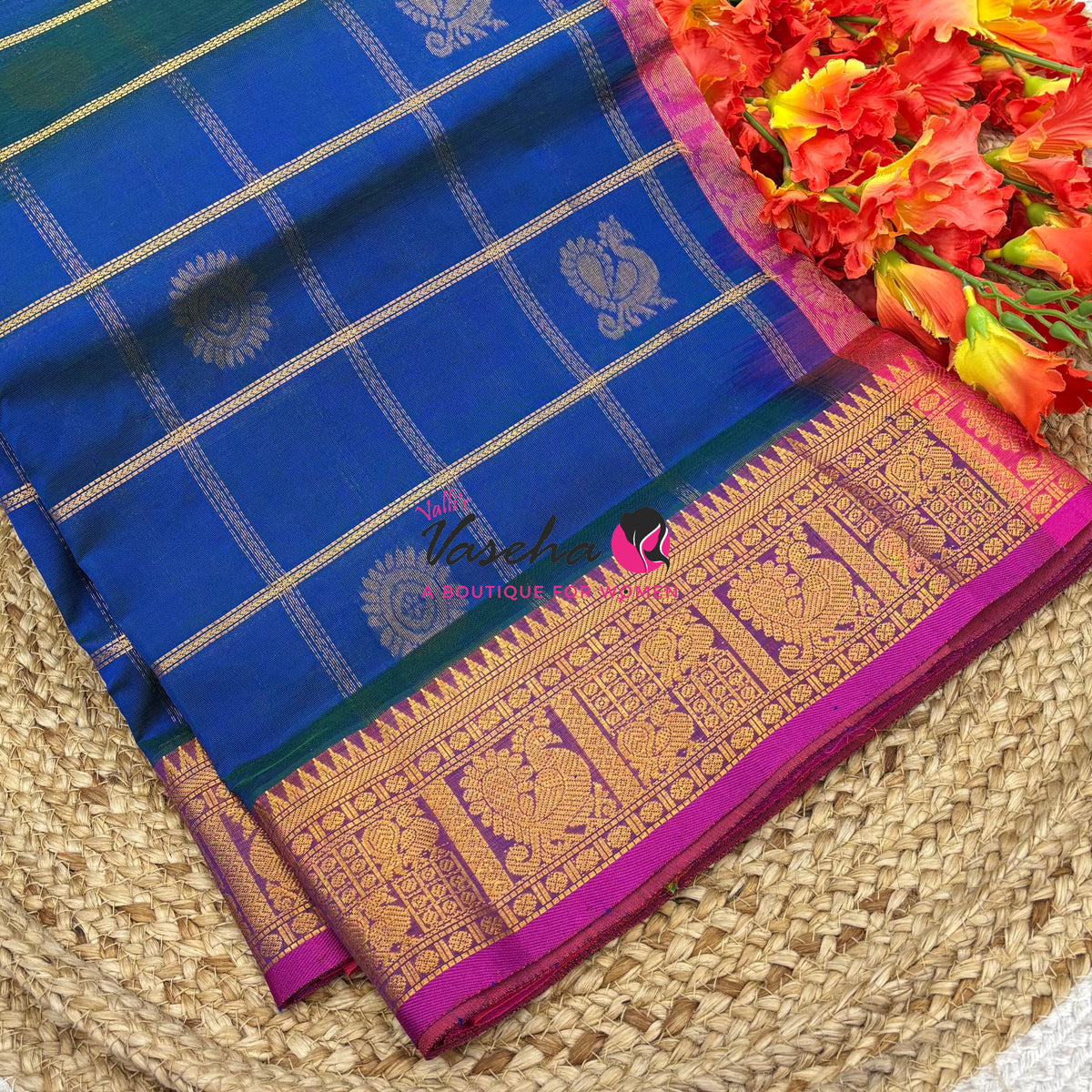 Pure Silk Cotton Saree - Mayil & Chakkaram Design - Peacock Blue With Pink  Shade -VVMC003