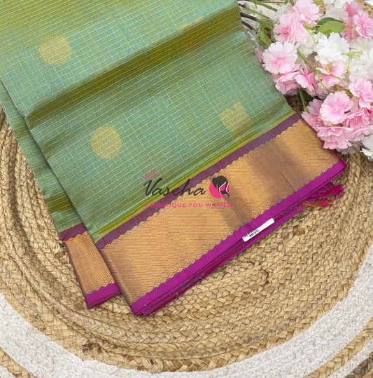 Pure Silk Cotton Saree - Mayil & Chakkaram Design - Light Green With Pink Shade  -VVMC002