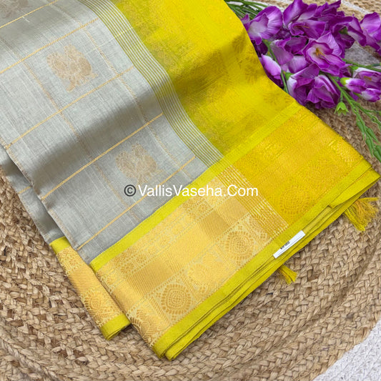 Pure Silk Cotton Saree - Mayil & Chakkaram Design - Light Grey With Yellow  Shade - VVMC001
