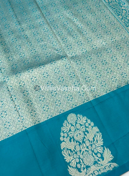 Semi Soft Silk - Tree With Double Birds Butta Border - Ramar Blue Shade -VVSSS011