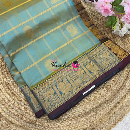 Pure Silk Cotton Saree - Mayil & Chakkaram Design - Dual Tone  Blue With Brown Shade -VVMC003