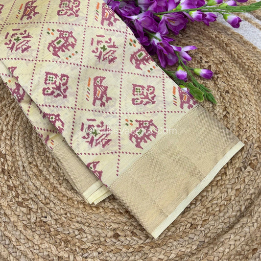 Semi Tussar Silk Saree - Ikkat / Pochampally Design - Cream Shade - VVSTS034