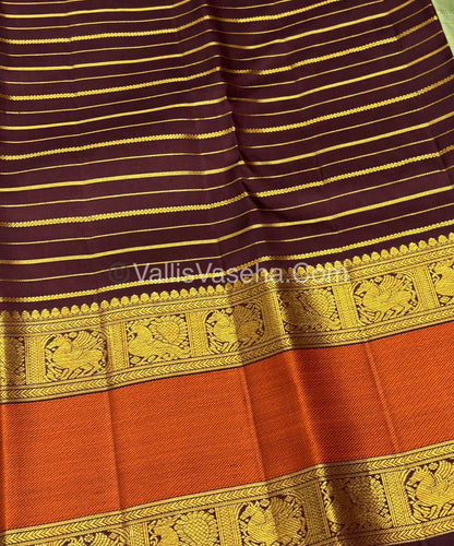 Pure Vintage Korvai Kanchipuram Silk Saree - Pastel Green & Wine Brown Combo - VVPS034