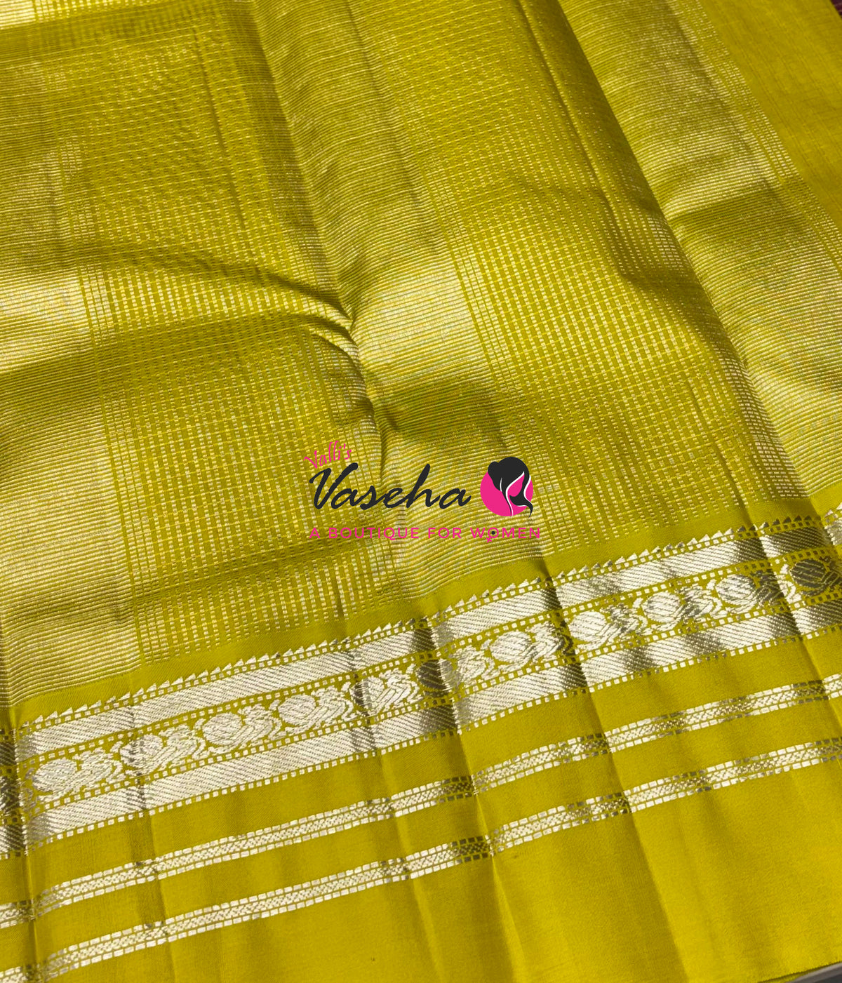 Pure Vintage Korvai Kanchipuram Silk Saree - Brown With Lemon Green - VVPS102