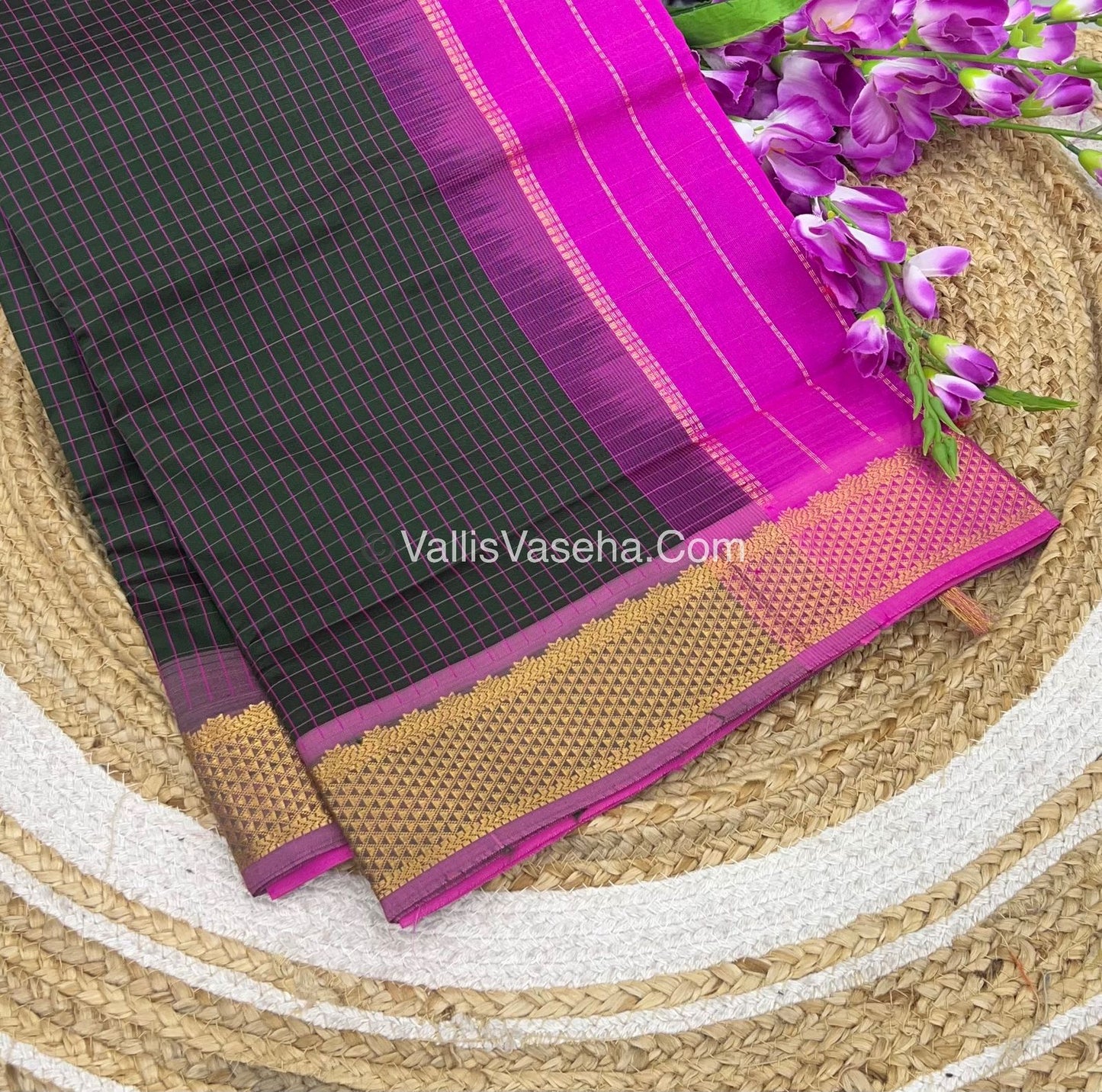 Semi Silk Cotton Saree - Dark Green With Pink Shade - VVSSC004