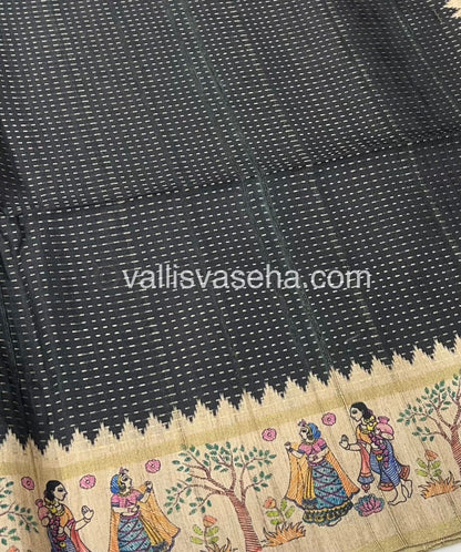 Semi Tussar Silk - Vairavoosi Design - Black & Cream Shade - VVSTS030